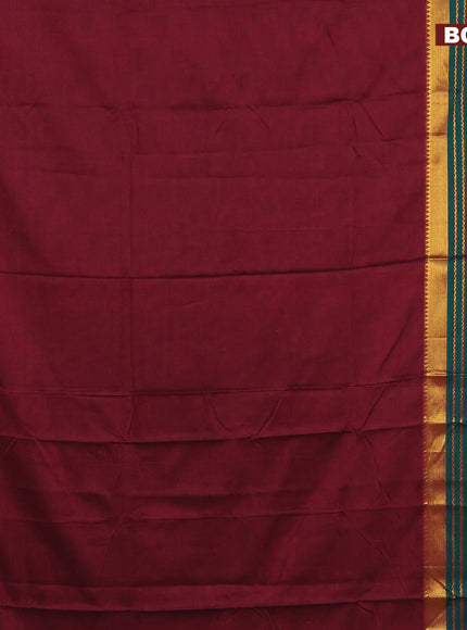 Narayanpet cotton saree dark magenta and green with plain body and long zari woven border