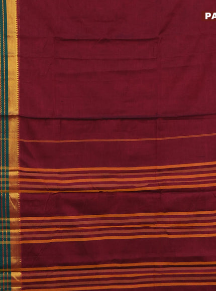 Narayanpet cotton saree dark magenta and green with plain body and long zari woven border