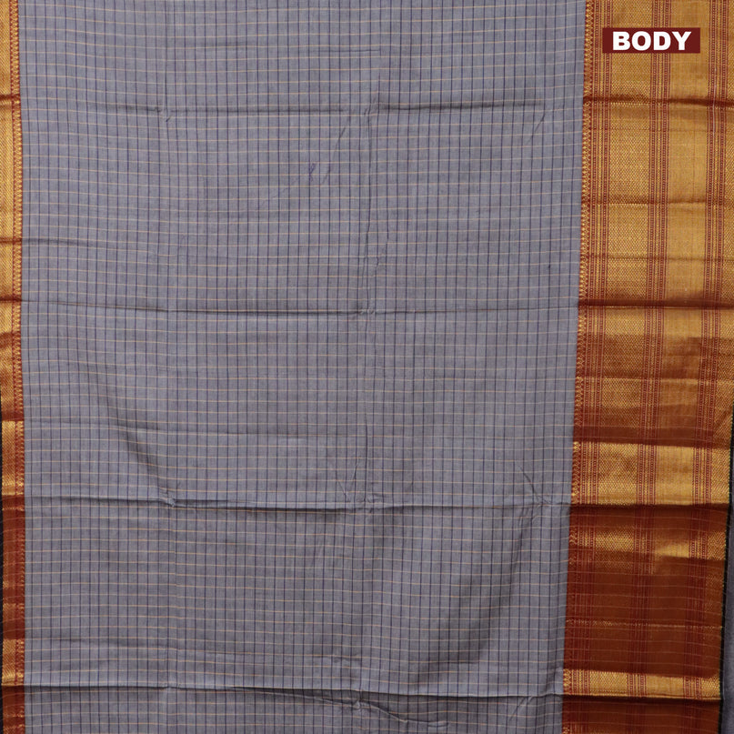 Narayanpet cotton saree grey and black with allover checked pattern and long zari woven border