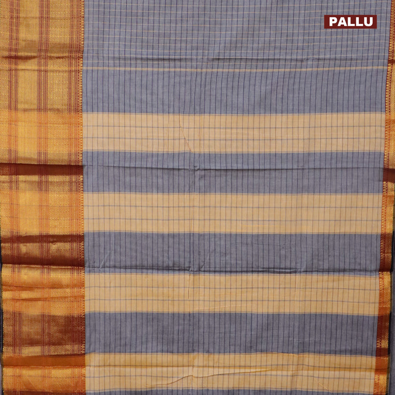 Narayanpet cotton saree grey and black with allover checked pattern and long zari woven border