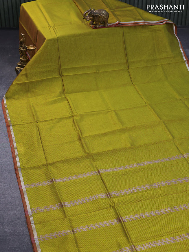 Mangalgiri semi silk saree mehendi green and mustard yellow with plain body and small silver zari woven border & Printed blouse