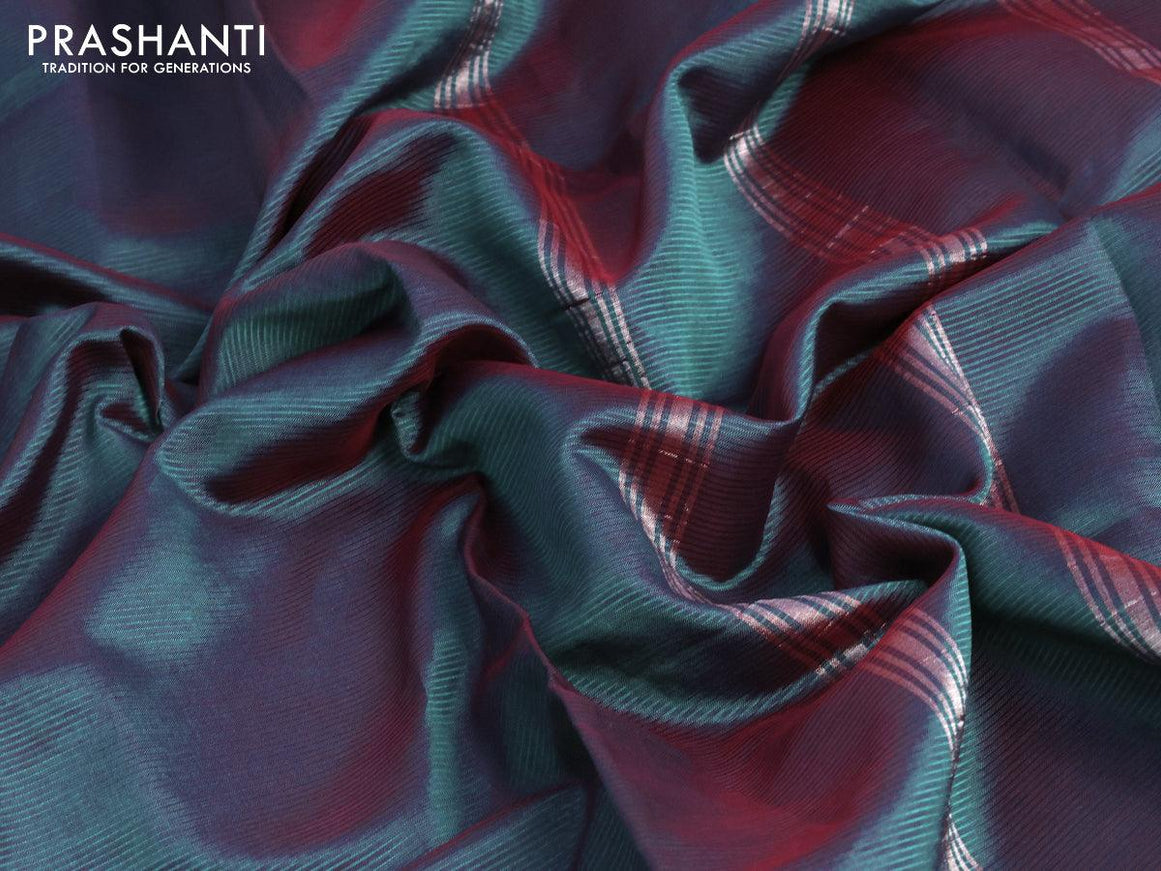 Mangalgiri semi silk saree dual shade of peacock greenish maroon and peach pink with plain body and small silver zari woven border & Printed blouse