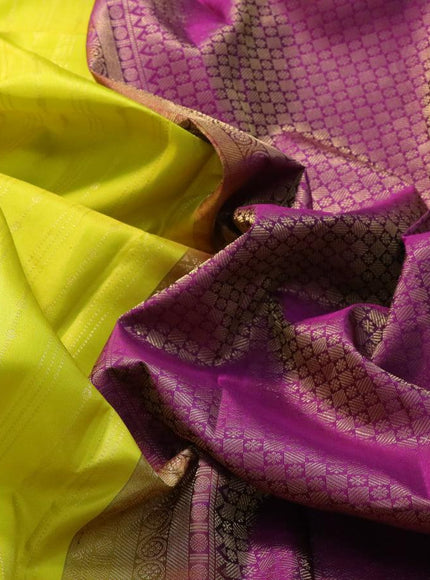 Pure kanjivaram silk saree lime yellow and purple with allover zari weaves and zari woven border