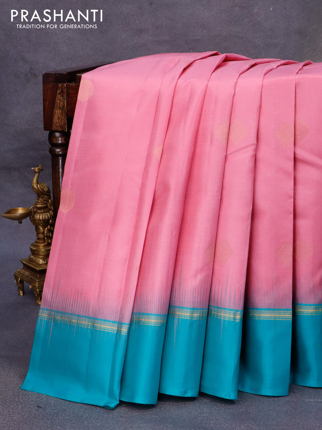 Pure kanjivaram silk saree pastel pink and teal blue with zari woven buttas and zari woven simple border