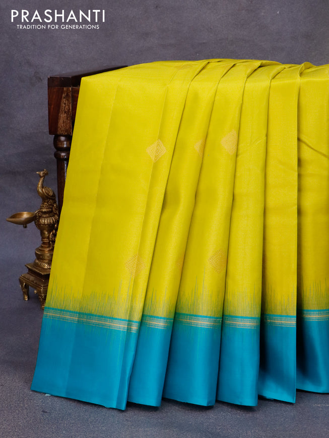 Pure kanjivaram silk saree lime yellow and teal blue with zari woven buttas and zari woven simple border