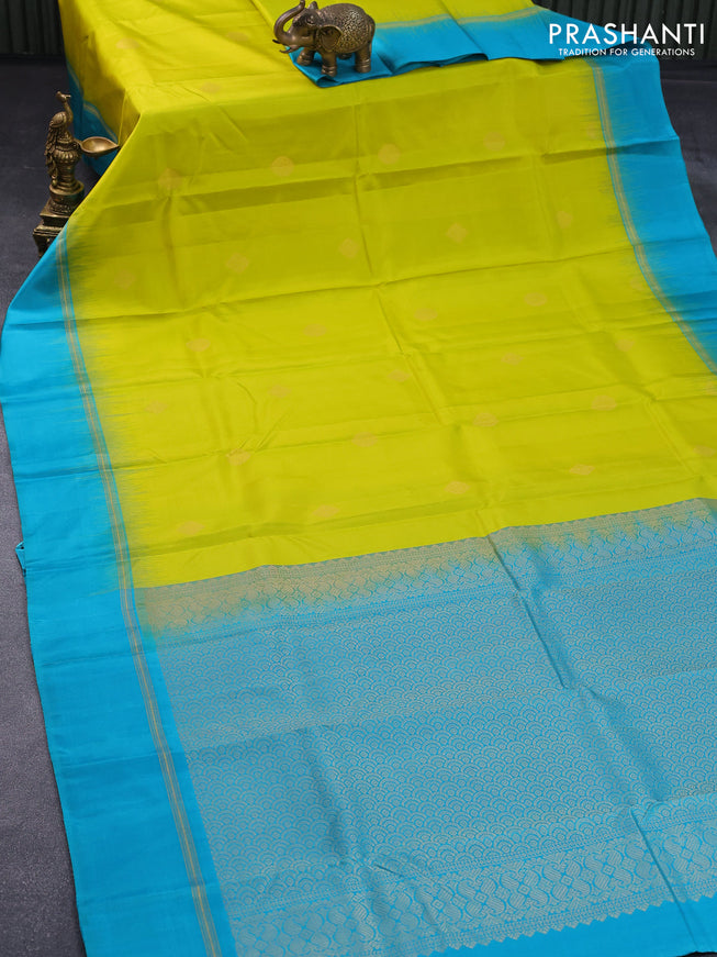 Pure kanjivaram silk saree lime yellow and teal blue with zari woven buttas and zari woven simple border