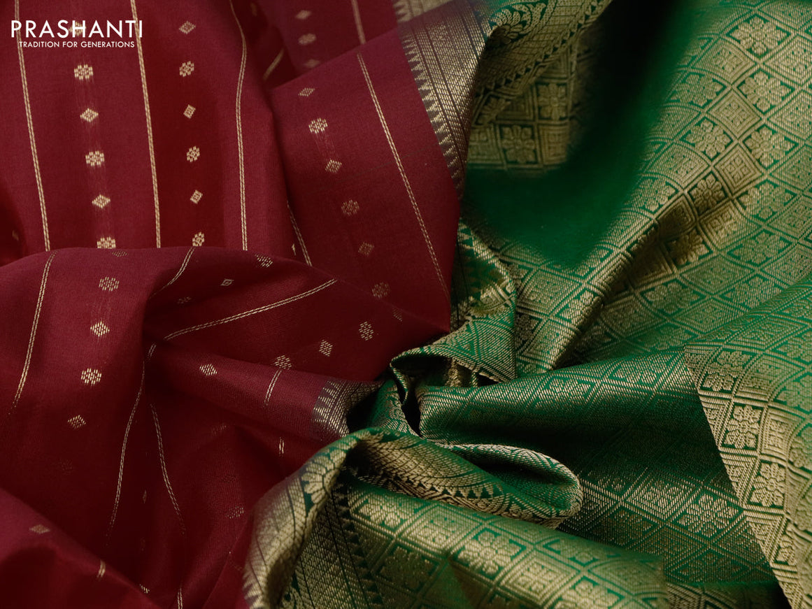 Pure kanjivaram silk saree maroon and green with allover zari weaves and zari woven border
