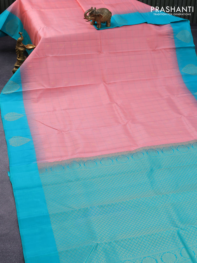 Pure kanjivaram silk saree peach pink and teal blue with allover checked pattern & zari buttas and zari woven butta border