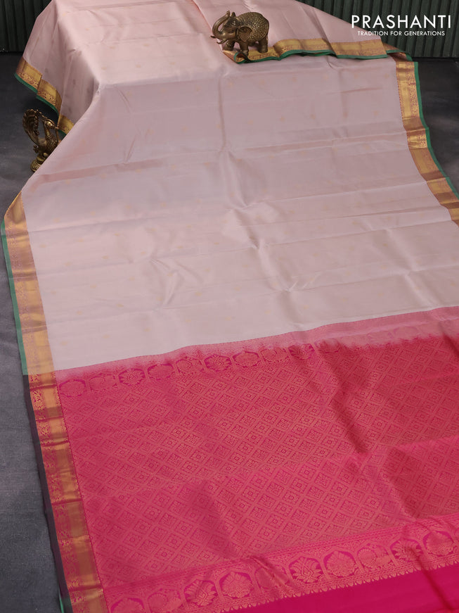 Pure kanjivaram silk saree pastel peach and green with zari woven buttas and zari woven border