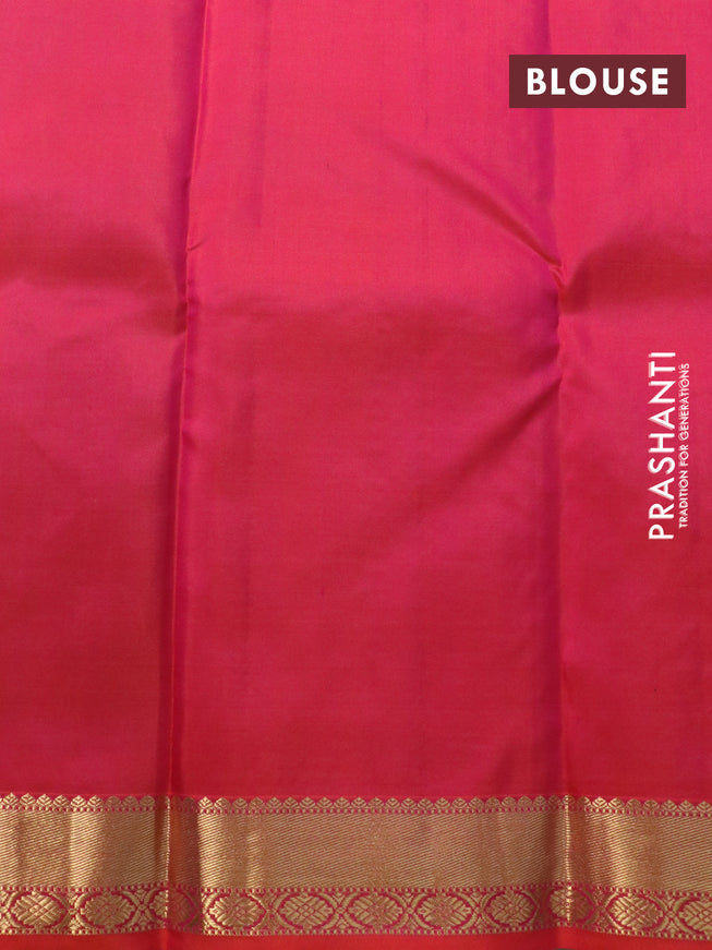 Pure kanjivaram silk saree teal green and dual shade of pinkish orange with zari woven buttas and zari woven border