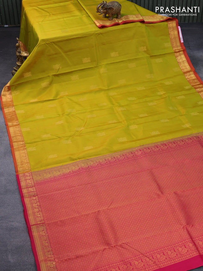 Pure kanjivaram silk saree lime green and pink with annam zari woven buttas and zari woven border