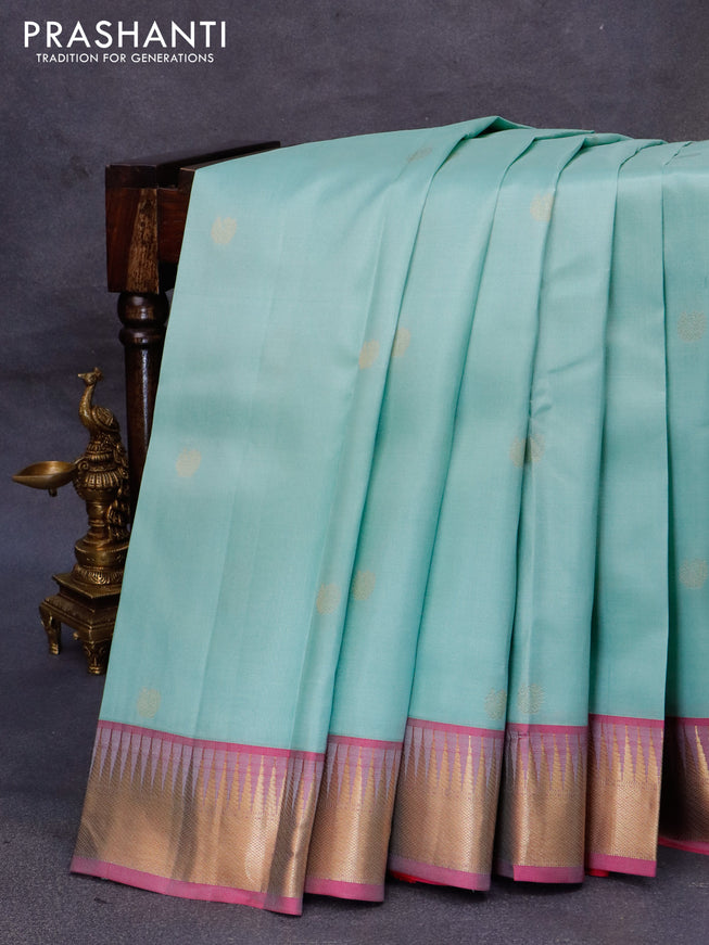 Pure kanjivaram silk saree pastel green and pink with annam zari woven buttas and temple zari woven border