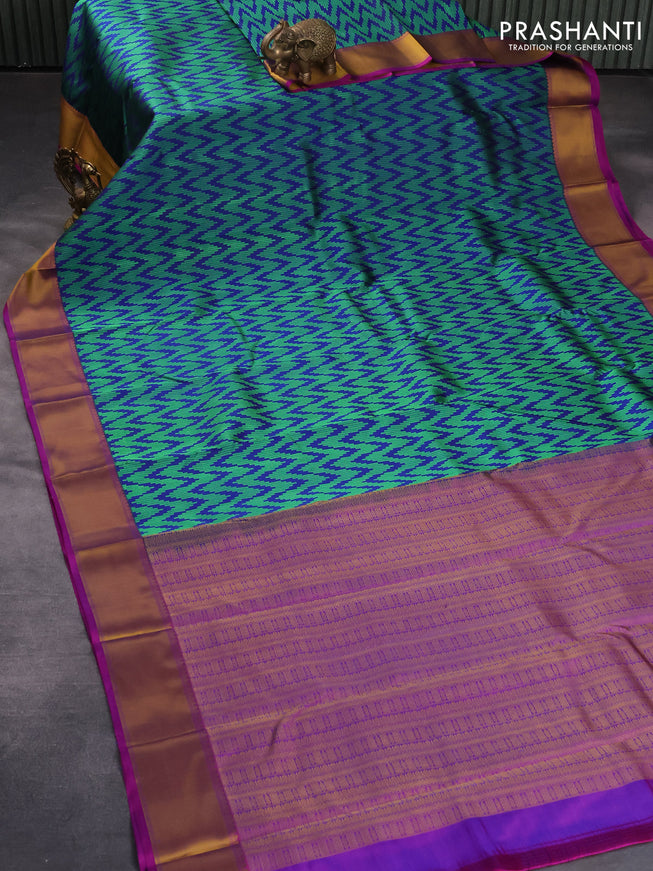 Pure kanjivaram silk saree blue and magenta pink with allover thread woven zig zag weaves and zari woven border