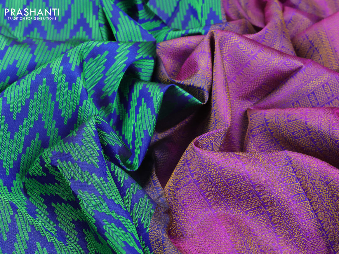 Pure kanjivaram silk saree blue and magenta pink with allover thread woven zig zag weaves and zari woven border