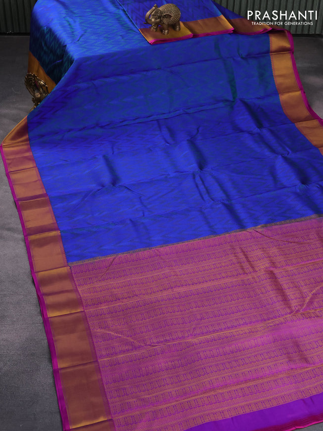 Pure kanjivaram silk saree dual shade of peacock blue and magenta pink with allover thread woven zig zag weaves and zari woven border