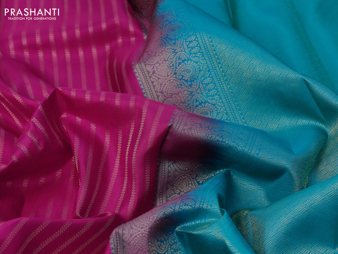 Pure kanjivaram silk saree pink and teal blue with allover zari weaves and zari woven border