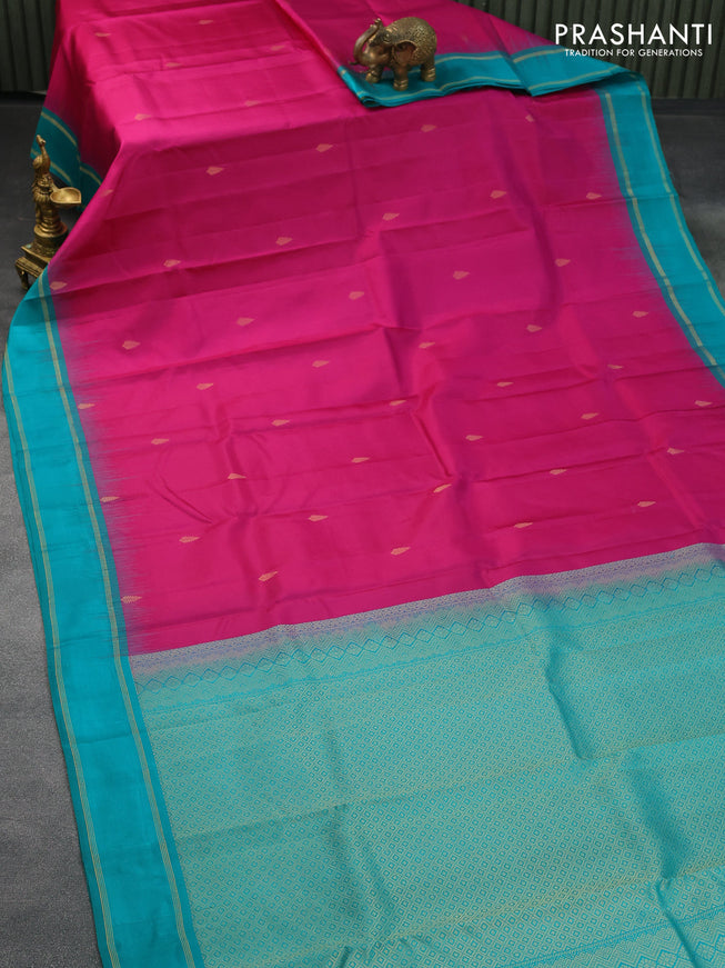 Pure kanjivaram silk saree pink and teal green with zari woven buttas and rettapet zari woven border