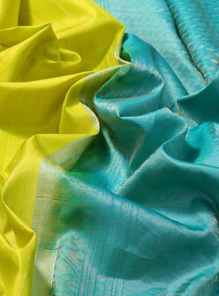 Pure kanjivaram silk saree lime yellow and teal green with allover weaves in borderless style