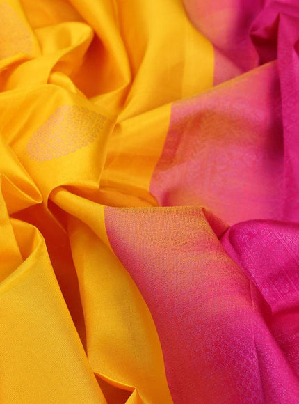 Pure kanjivaram silk saree mango yellow and pink with zari woven buttas in borderless style