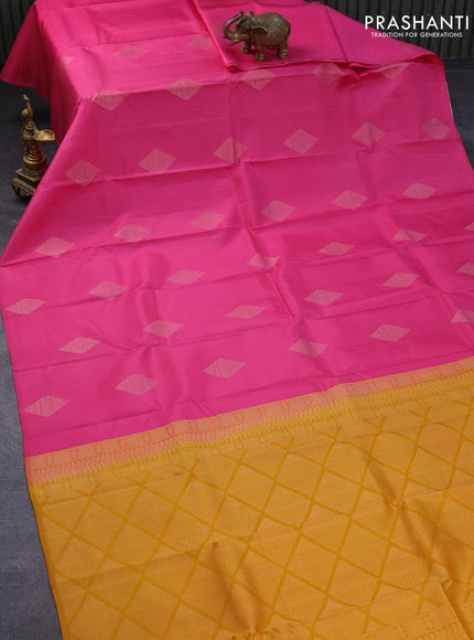 Pure kanjivaram silk saree pink and mustard yellow with zari woven geometric buttas in borderless style