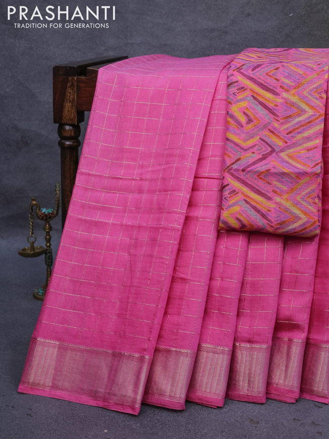 Semi chanderi saree pink with allover zari checked pattern and zari woven border - printed blouse