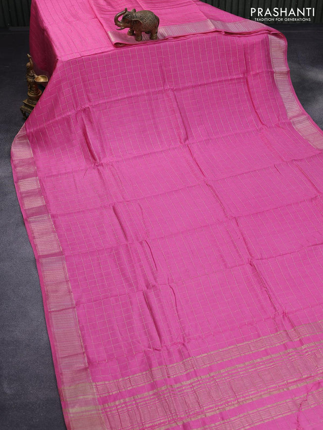 Semi chanderi saree pink with allover zari checked pattern and zari woven border - printed blouse