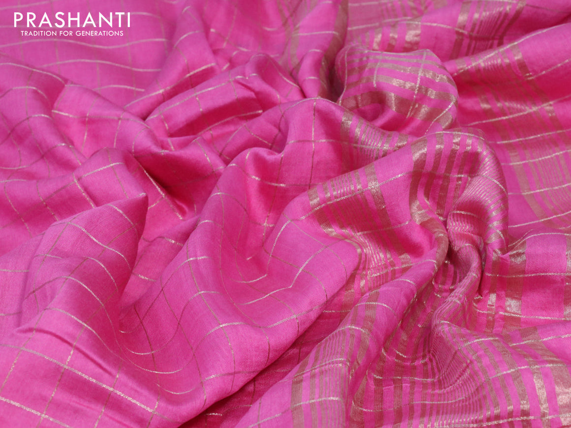 Semi chanderi saree pink with allover zari checked pattern and zari woven border - printed blouse