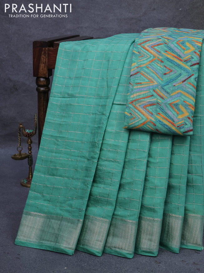 Semi chanderi saree teal blue with allover zari checked pattern and zari woven border - printed blouse