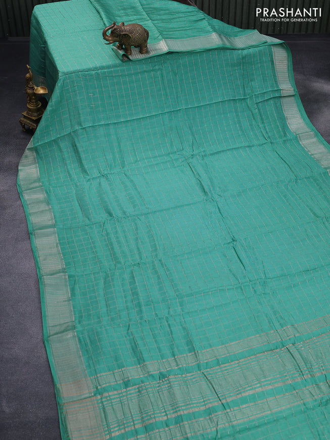 Semi chanderi saree teal blue with allover zari checked pattern and zari woven border - printed blouse