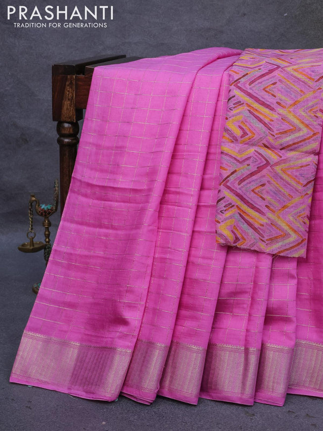 Semi chanderi saree light pink with allover zari checked pattern and zari woven border - printed blouse