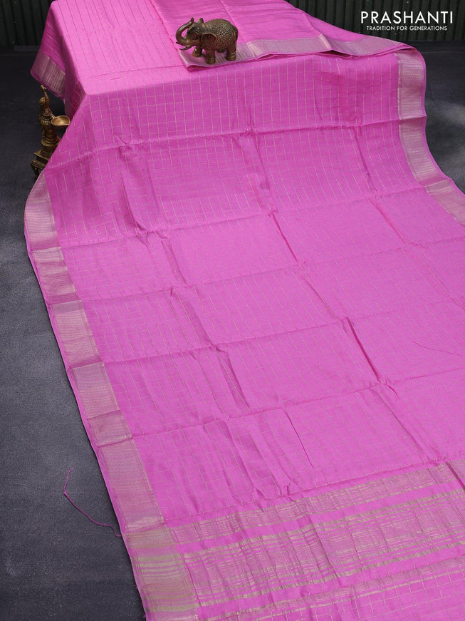 Semi chanderi saree light pink with allover zari checked pattern and zari woven border - printed blouse