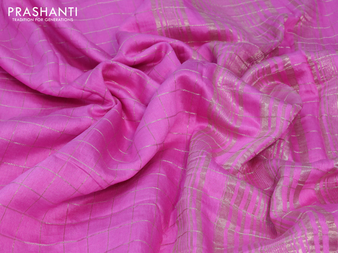Semi chanderi saree light pink with allover zari checked pattern and zari woven border - printed blouse