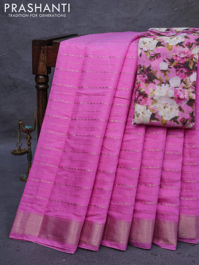 Semi chanderi saree light pink with allover zari weaves and zari woven border - printed blouse