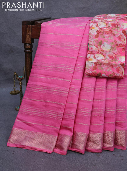 Semi chanderi saree pink with allover zari weaves and zari woven border - printed blouse