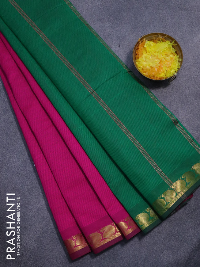 10 yards semi silk cotton saree magenta pink and green with plain body and paisley zari woven border