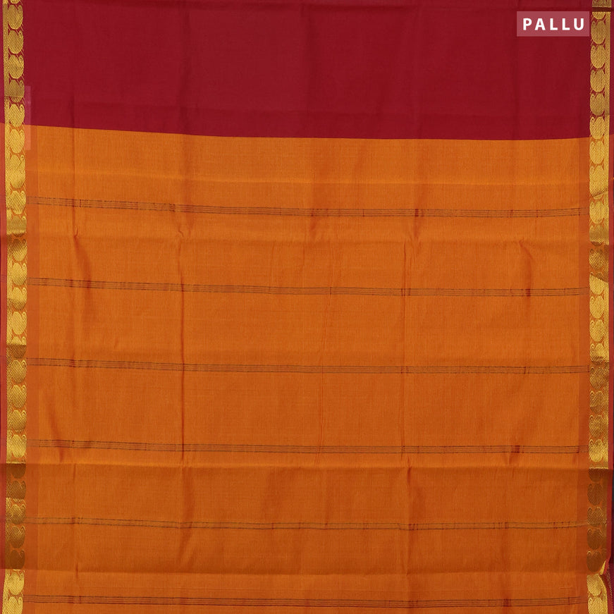 10 yards semi silk cotton saree maroon and dark mustard with plain body and paisley zari woven border