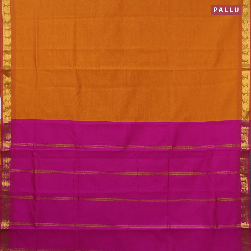 10 yards semi silk cotton saree dark mustard and purple with plain body and paisley zari woven border