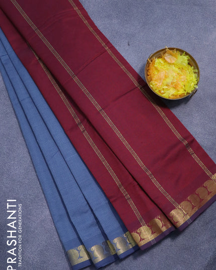 10 yards semi silk cotton saree grey and maroon with plain body and paisley zari woven border
