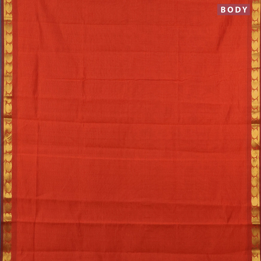 10 yards semi silk cotton saree rustic orange and green with plain body and paisley zari woven border