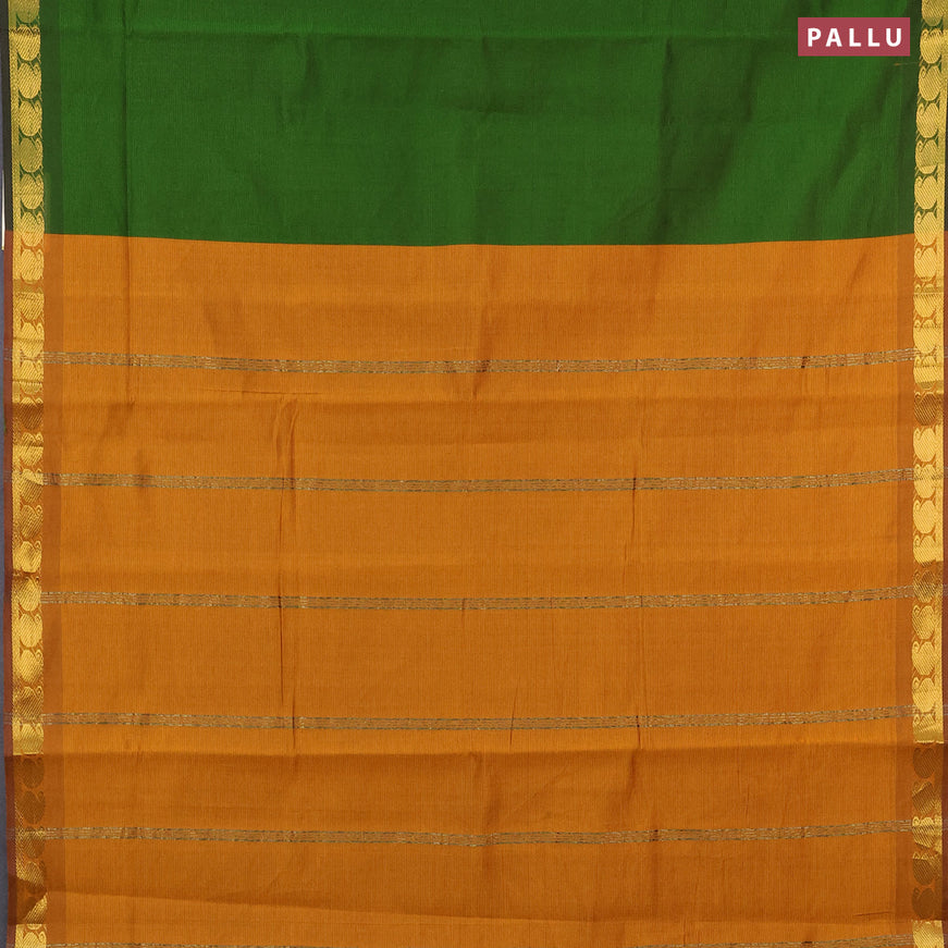 10 yards semi silk cotton saree sap green and dark mustard with plain body and paisley zari woven border