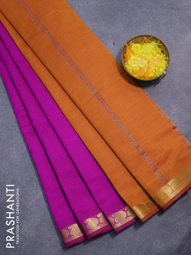10 yards semi silk cotton saree purple and mustard yellow with plain body and paisley zari woven border