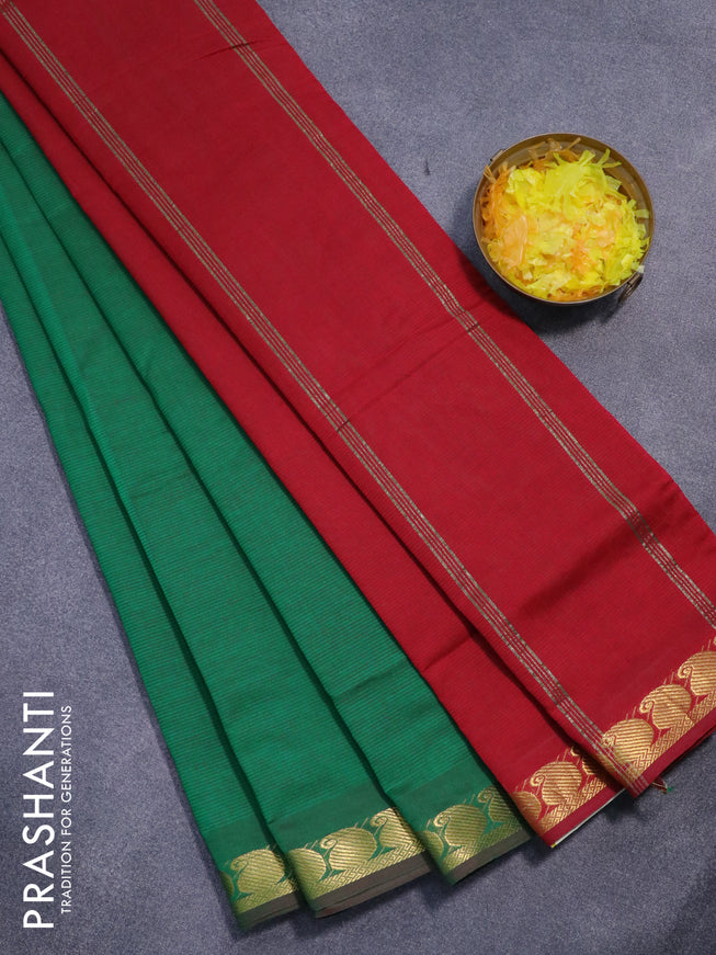 10 yards semi silk cotton saree green and red with plain body and paisley zari woven border
