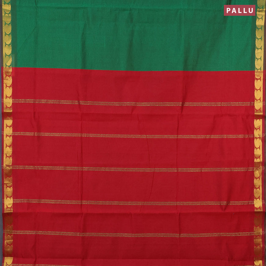 10 yards semi silk cotton saree green and red with plain body and paisley zari woven border