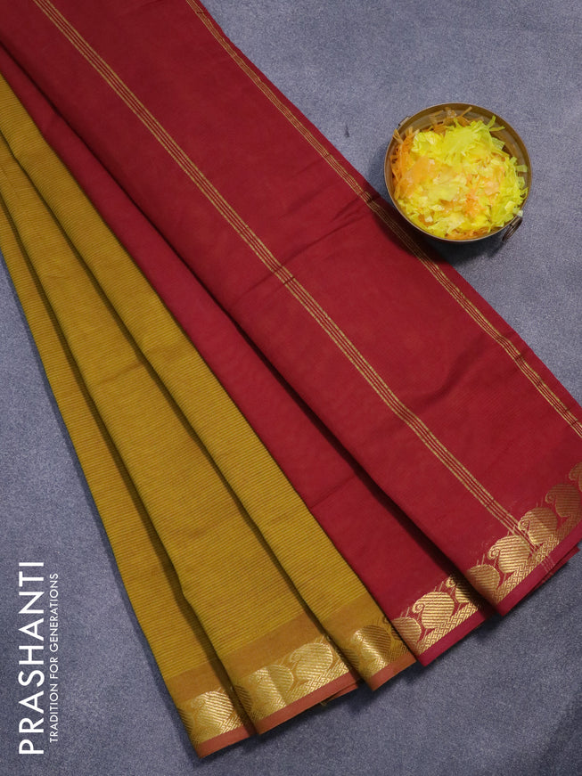 10 yards semi silk cotton saree mustard shade and maroon with plain body and paisley zari woven border
