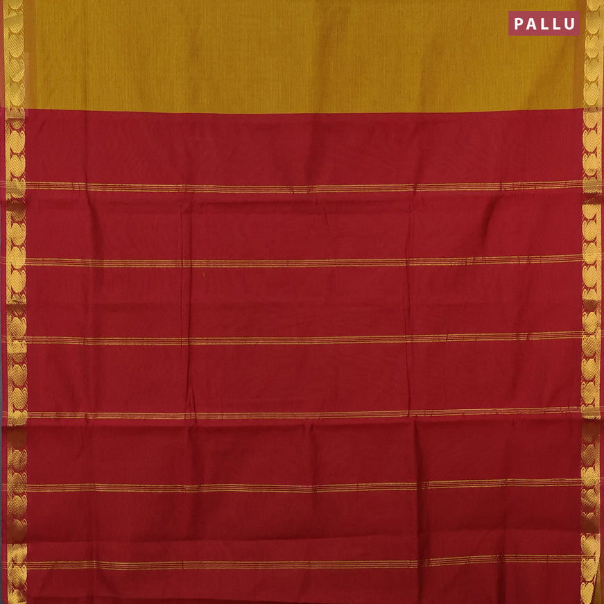 10 yards semi silk cotton saree mustard shade and maroon with plain body and paisley zari woven border