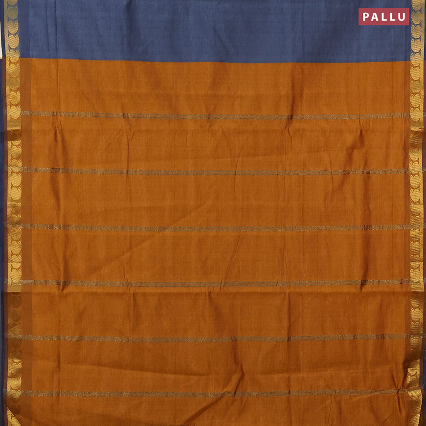 10 yards semi silk cotton saree grey and mustard yellow with plain body and paisley zari woven border