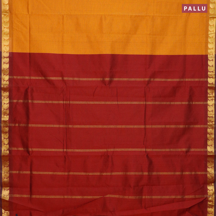 10 yards semi silk cotton saree mustard yellow and maroon with plain body and paisley zari woven border