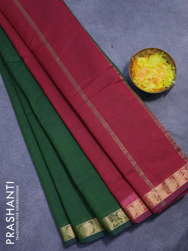 10 yards semi silk cotton saree sap green and red with plain body and annam & rudhraksha zari woven border
