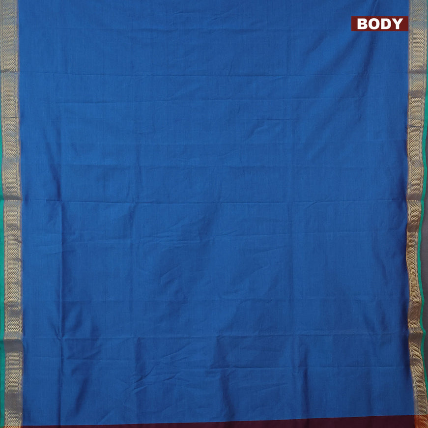 10 yards semi silk cotton saree peacock blue and maroon with plain body and zari woven border