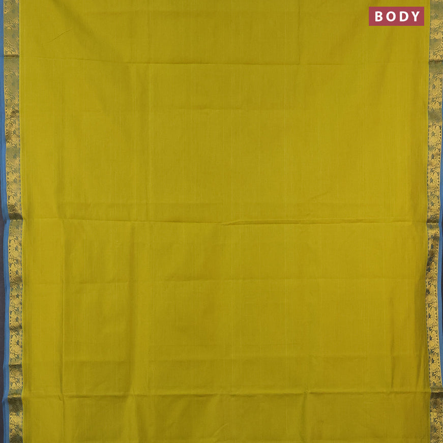 10 yards semi silk cotton saree lime yellow and cs blue with plain body and zari woven border
